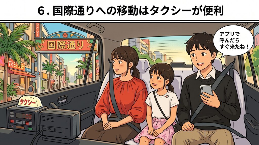 アプリで呼んだタクシーに乗車し国際通りへ移動する家族のイラスト