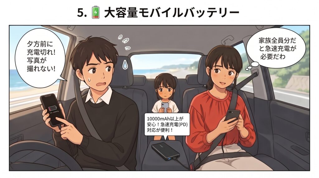 車内でのスマホの充電切れに焦りながらモバイルバッテリーを確認する家族のイラスト