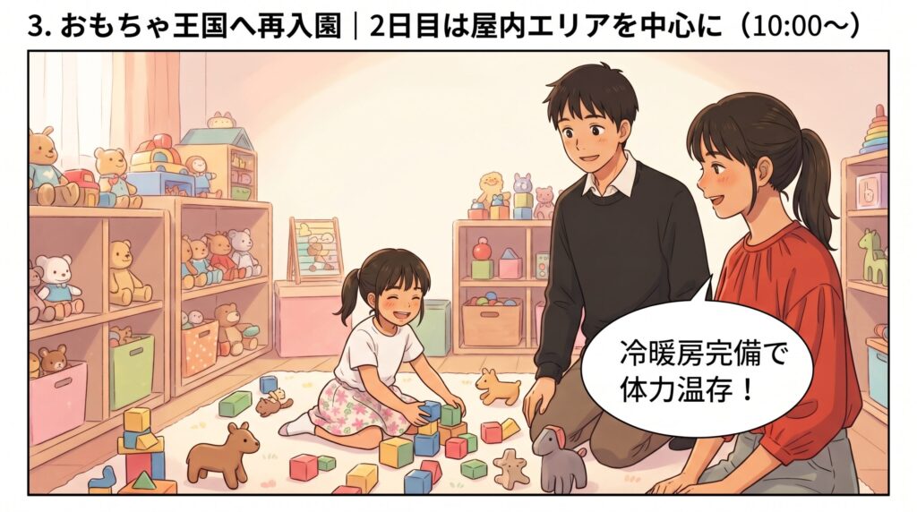 軽井沢おもちゃ王国の屋内エリアで、冷暖房完備の快適な部屋の中でおもちゃ遊びを楽しむ家族のイラスト