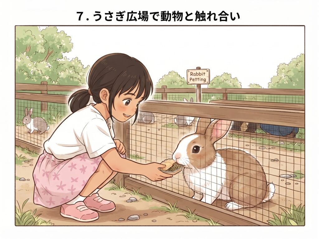 軽井沢おもちゃ王国のうさぎ広場で、金網越しにウサギへ楽しそうにエサやりをする子供のイラスト