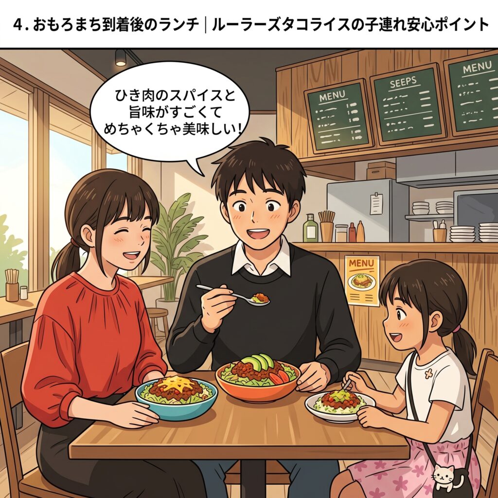 おもろまち到着後、ルーラーズタコライスで美味しそうにランチを食べる家族のイラスト