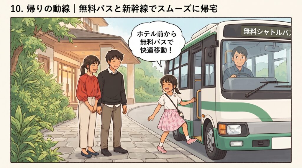 ホテル前から無料シャトルバスに乗り込んで、スムーズに帰路へ向かう家族のイラスト