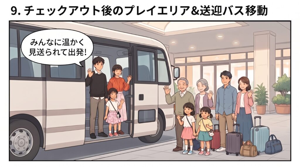 チェックアウト後に那須塩原駅行きの無料送迎バスに乗り込み、見送りの家族に手を振る様子