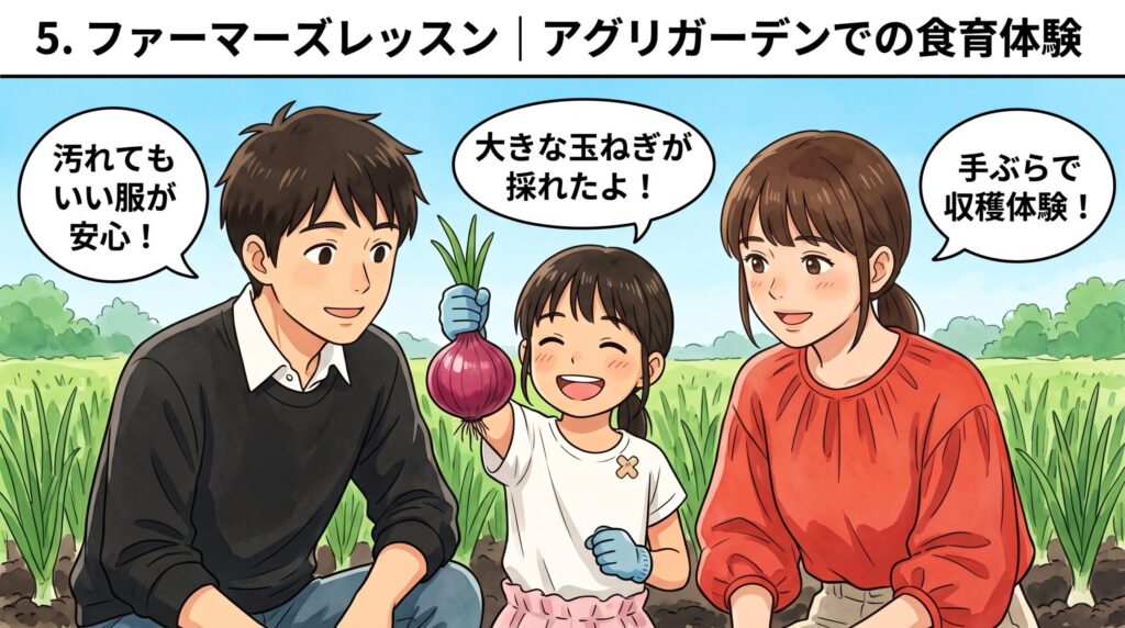 リゾナーレ那須のアグリガーデンで行われた「ファーマーズレッスン」で、収穫した大きな玉ねぎを嬉しそうに見せる子供と家族