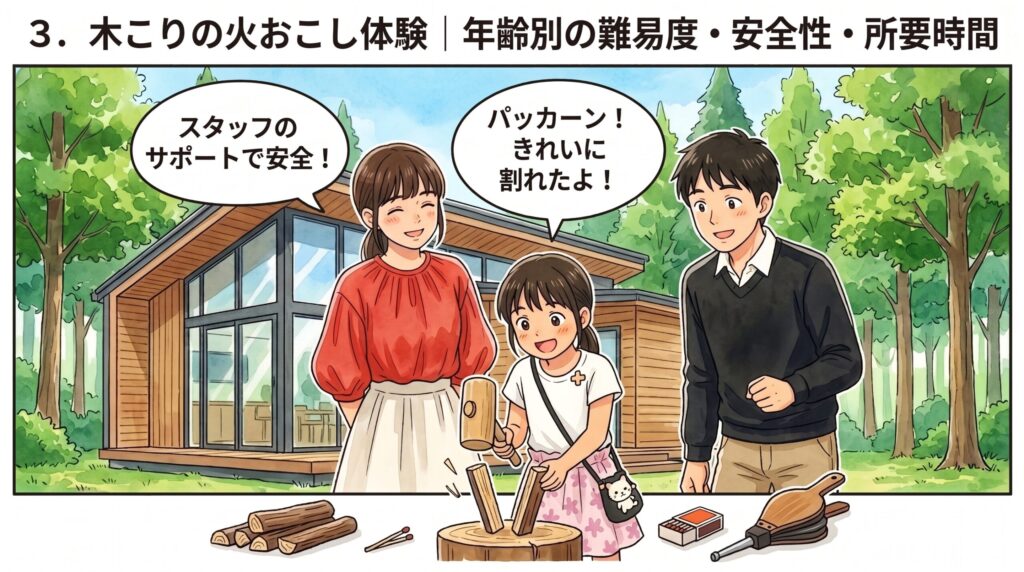 リゾナーレ那須の「木こりの火おこし体験」で、スタッフに見守られながら薪割りに挑戦する子供の様子