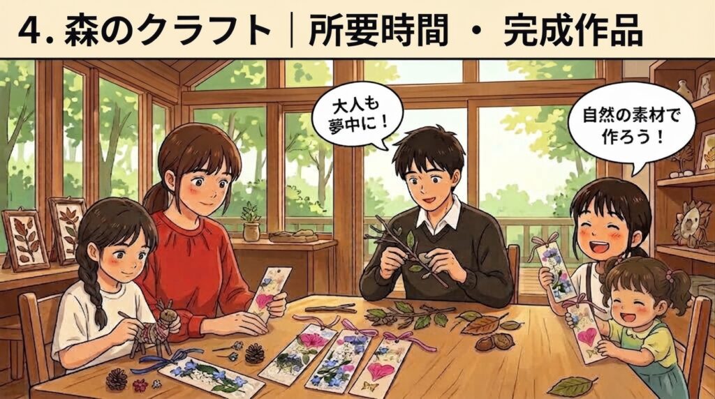 リゾナーレ那須の「森のクラフト」体験で、家族みんなで自然の素材を使った工作を楽しむ様子