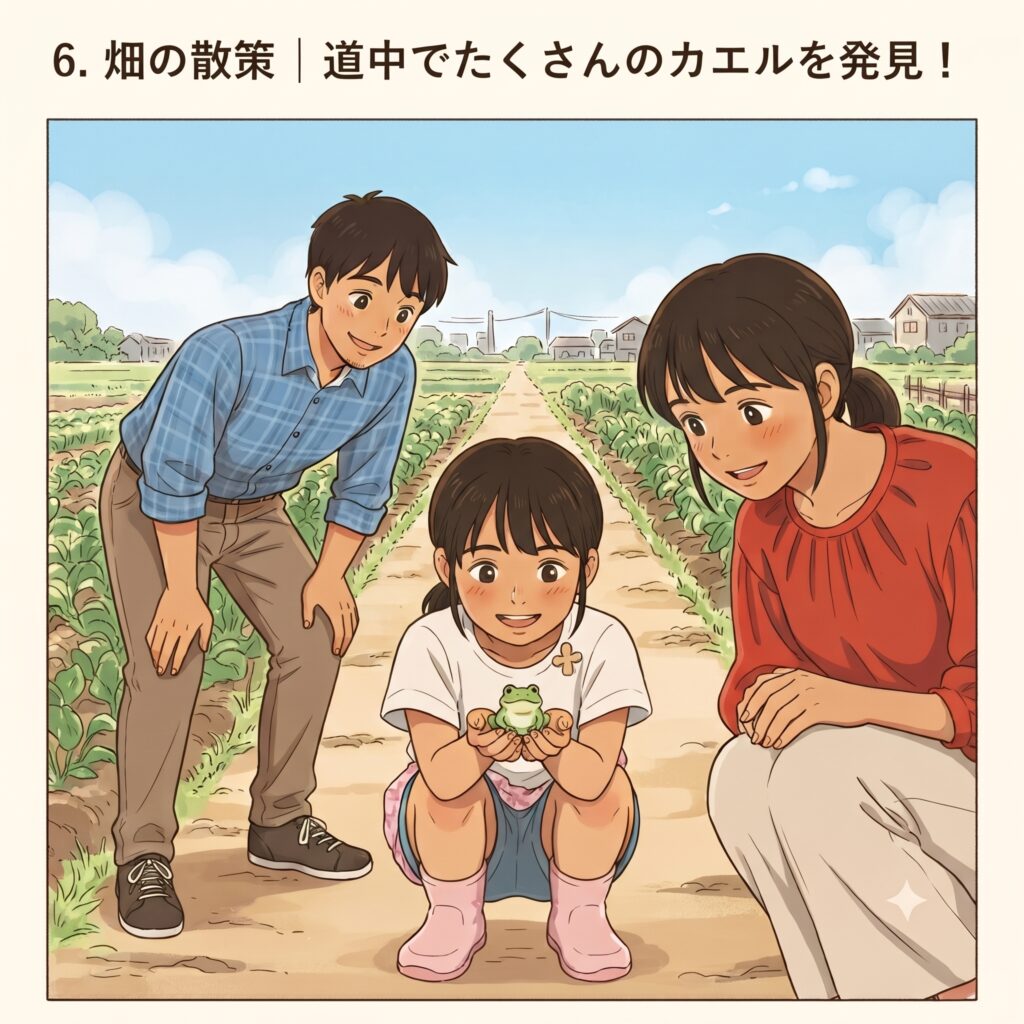 リゾナーレ那須の畑の散策中、道で見つけたカエルをやさしく手にとり笑顔で見つめる子供と家族