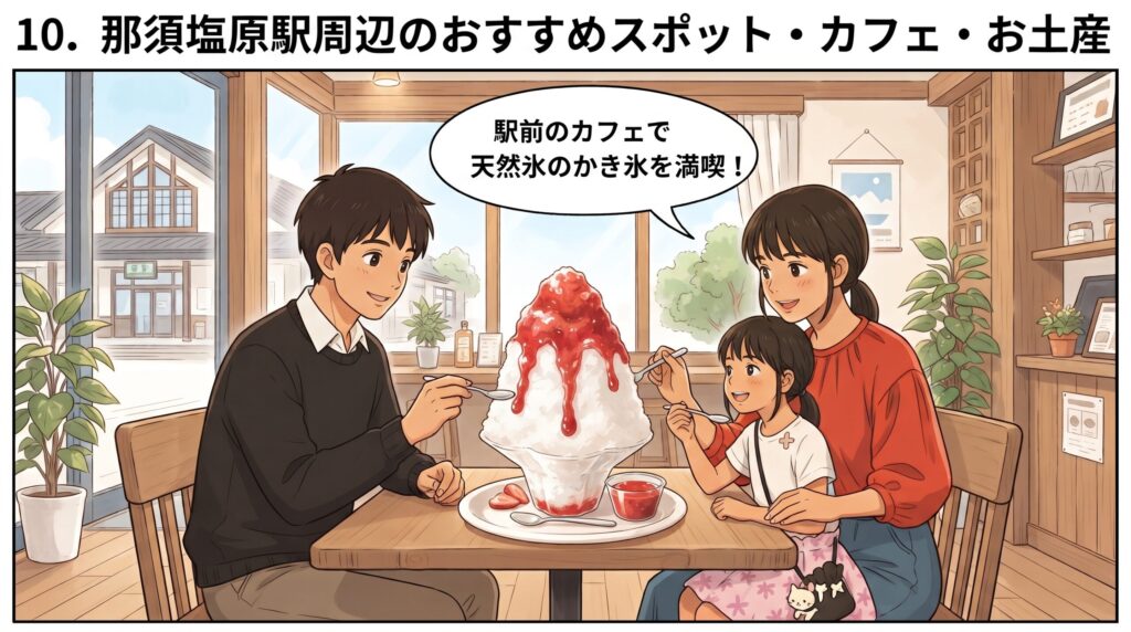 那須塩原駅前のカフェ「Cafe & Beer Planalto」で、大きな天然氷のかき氷を家族で楽しむ様子