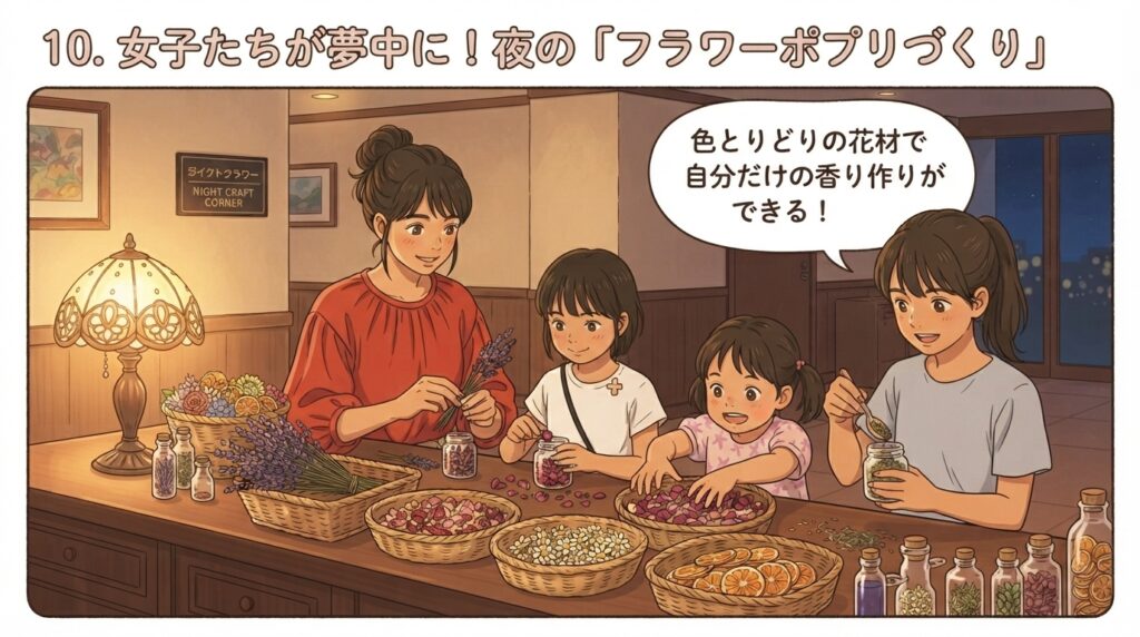色とりどりの花材を使って夜のフラワーポプリづくりに夢中になっている家族の様子