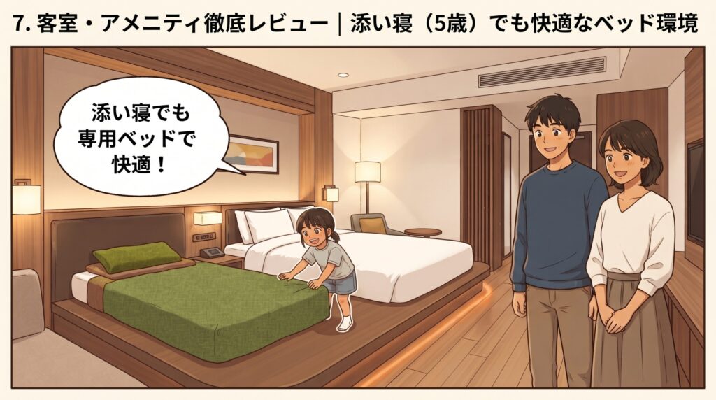 添い寝の子供用にも専用のエクストラベッドが用意された広々とした客室の様子