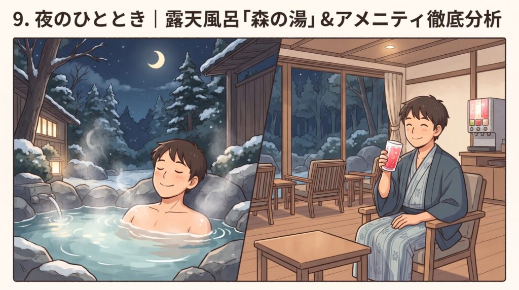 大浴場「森の湯」の露天風呂と、湯上がりにビネガードリンクを飲んでくつろぐ様子