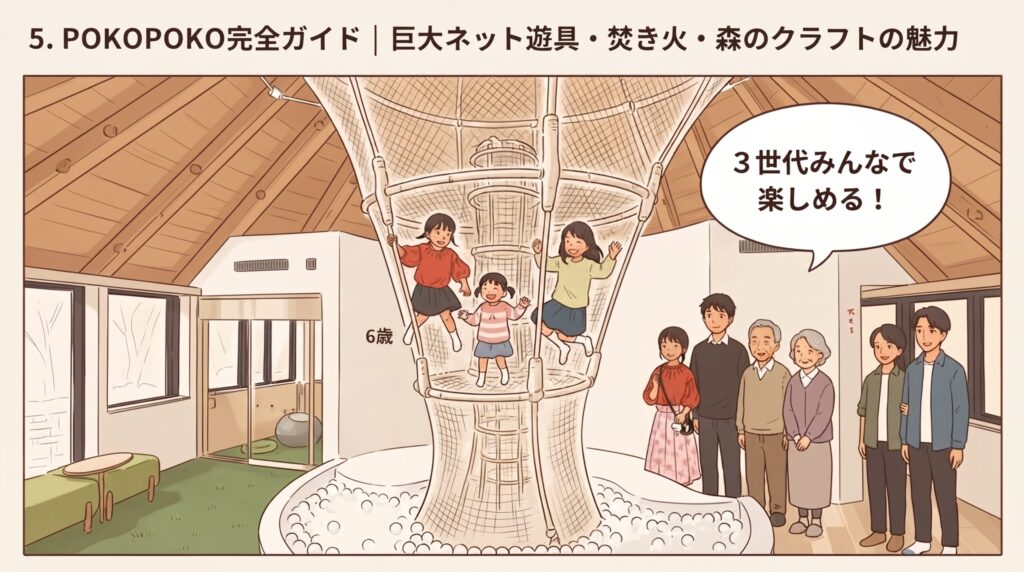 リゾナーレ那須の全天候型施設「POKOPOKO」の巨大ネット遊具で楽しそうに遊ぶ子どもたちと見守る3世代の家族