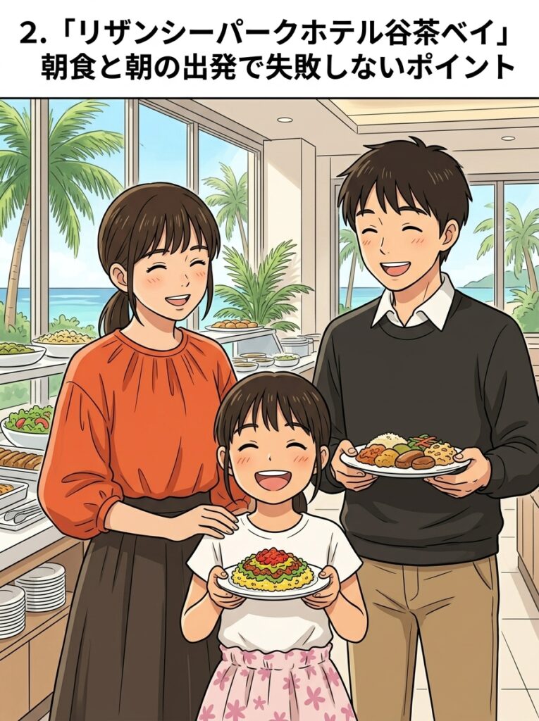 リザンシーパークホテル谷茶ベイの朝食バイキングを楽しむ家族のイラストアイキャッチ。「朝食と朝の出発で失敗しないポイント」のテキスト入り。