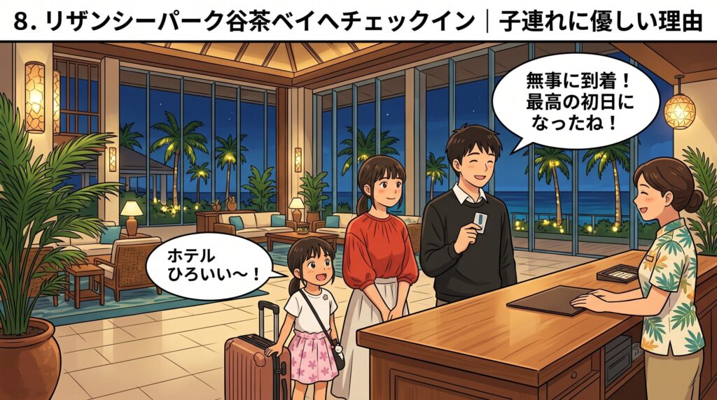 リザンシーパークホテル谷茶ベイの広いロビーでチェックイン手続きをする家族のイラスト
