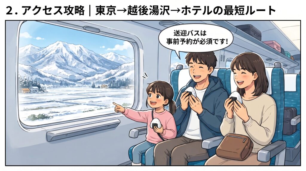 新幹線「とき」の車内で雪景色を眺めながらおにぎりを食べる家族と送迎バス事前予約の注意点
