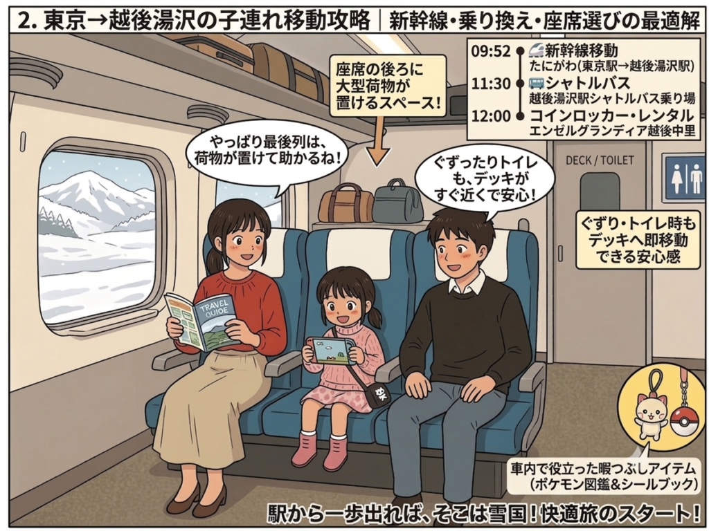新幹線「たにがわ」の最後列席で荷物スペースやデッキへのアクセスを活用しながら快適に過ごす家族のイラスト