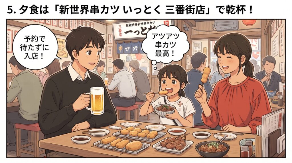 「新世界串カツ いっとく 三番街店」の店内で、予約してスムーズに入店しアツアツの串カツを家族で堪能している様子のイラスト