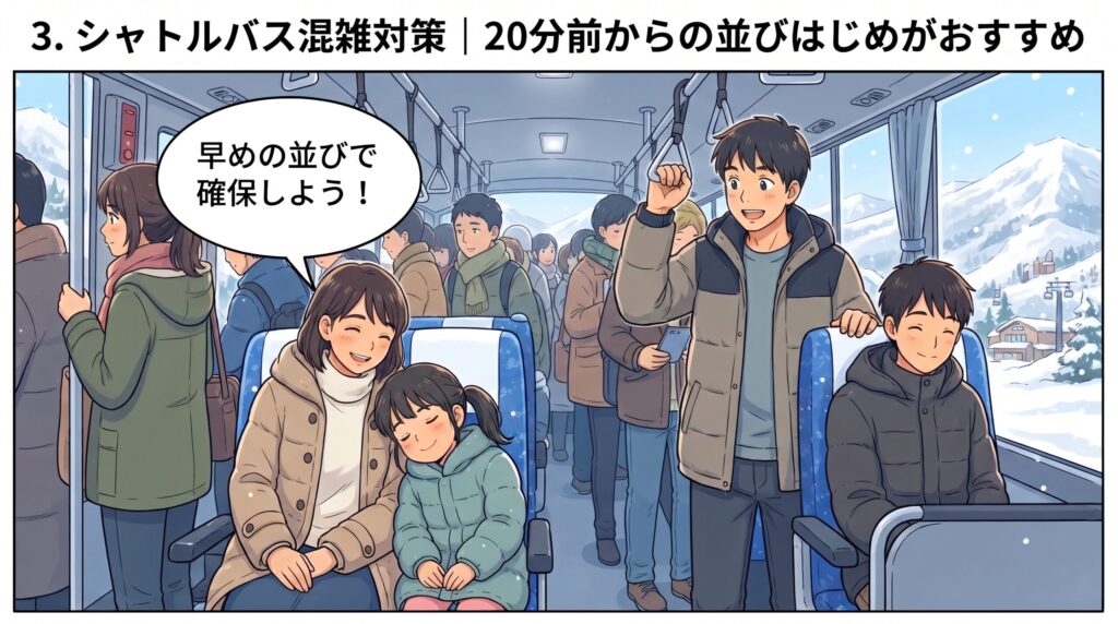 エンゼルグランディア越後中里から越後湯沢駅へ向かう帰りのシャトルバス内で、早めの並びで座席を確保してくつろぐ家族