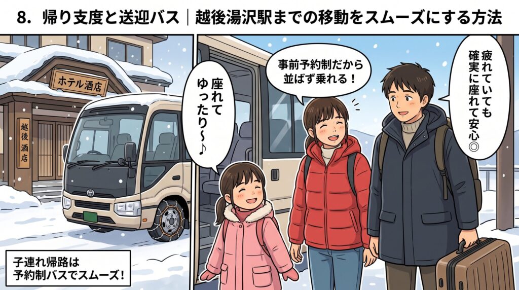 越後湯沢駅行きの事前予約制送迎バスに乗り込む家族のイラスト