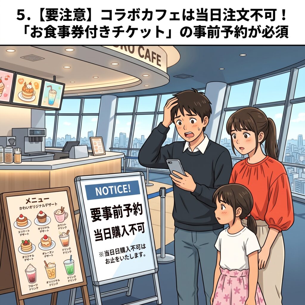 コラボカフェの当日注文不可と「お食事券付きチケット」事前予約必須の注意喚起画像