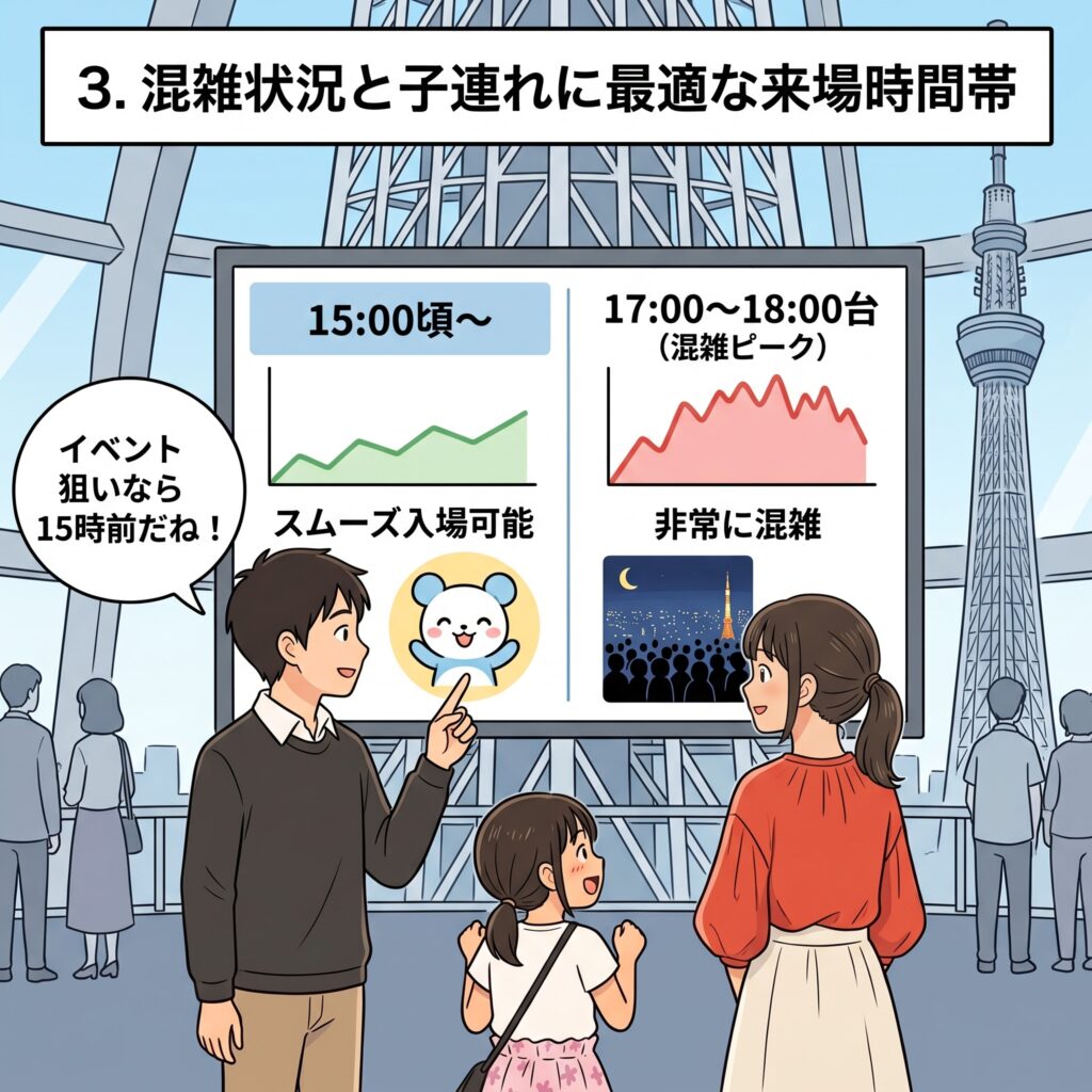 スカイツリーの混雑時間帯グラフと子連れに最適な15時前の来場推奨を示す解説画像