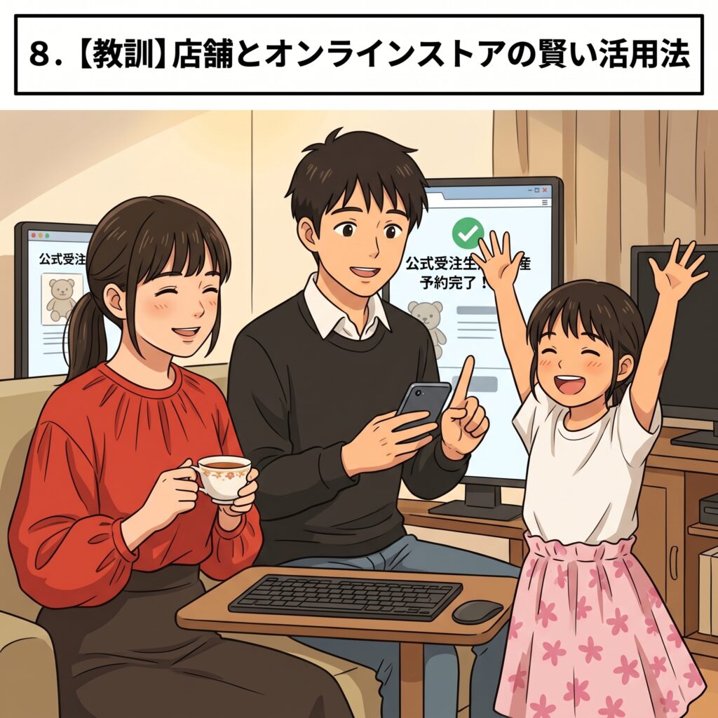 自宅のパソコンとスマホで公式受注生産の予約を完了し喜ぶ家族の解説画像