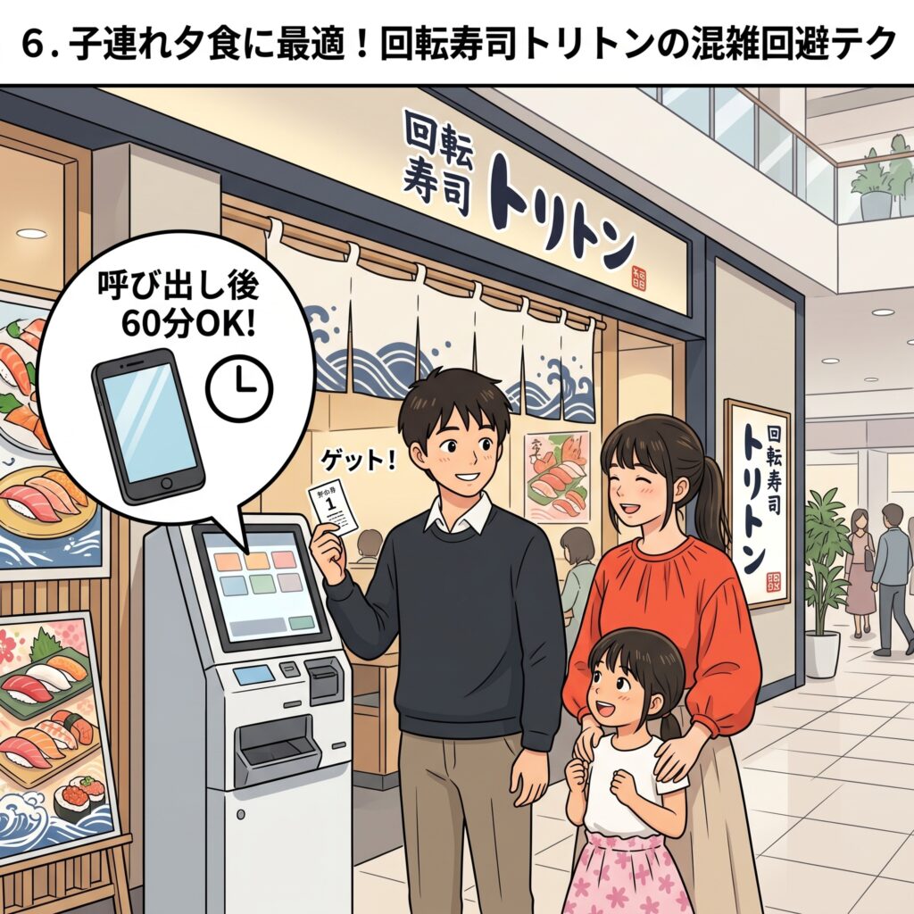 回転寿司トリトンの券売機での発券と呼び出し後60分利用可能な混雑回避テク解説画像
