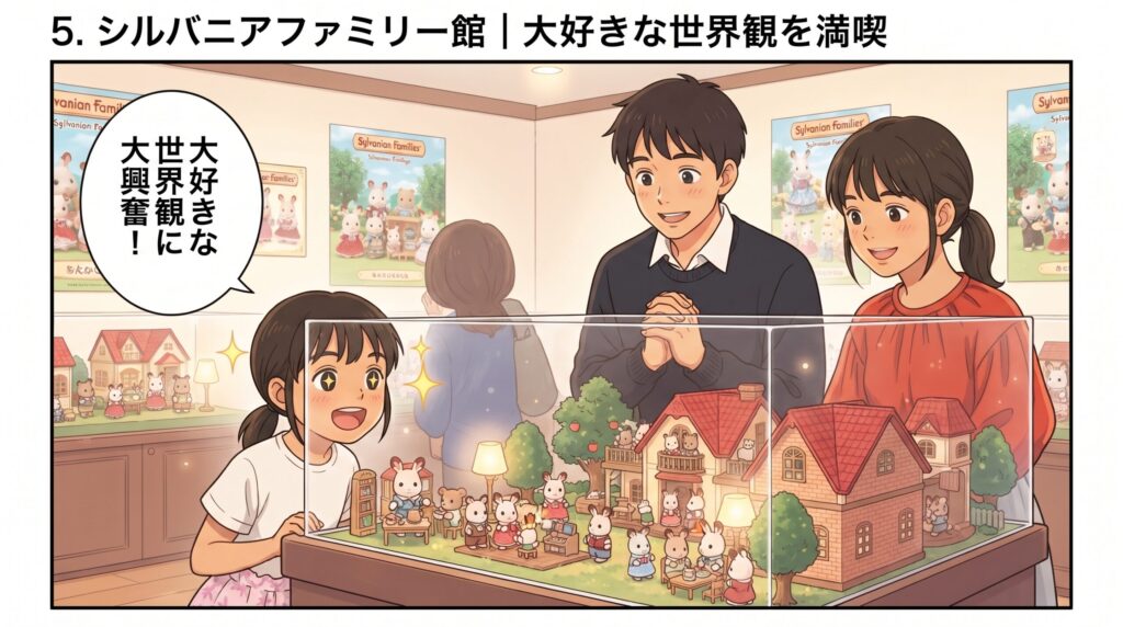 シルバニアファミリー館で、精巧なジオラマの世界観に大興奮して見入る子供と家族のイラスト