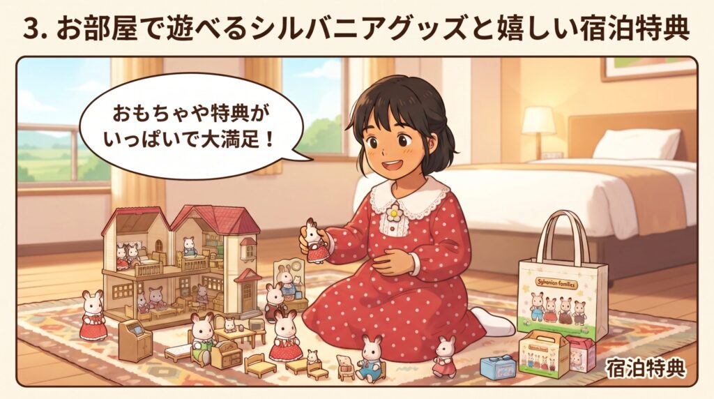 お部屋に用意されたシルバニアのおもちゃや宿泊特典のグッズで楽しそうに遊ぶ娘のイラスト