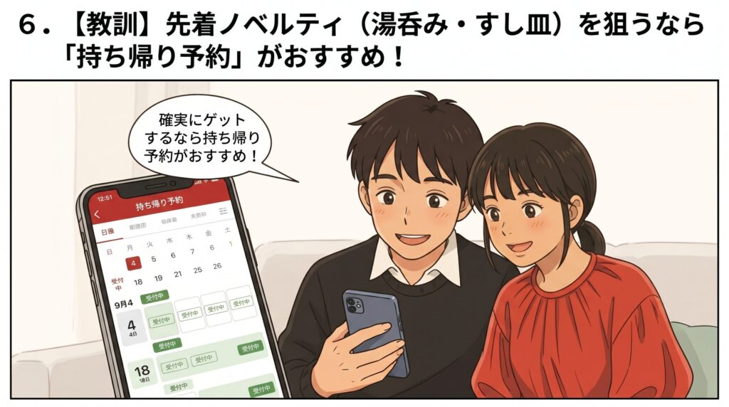 先着ノベルティを確実に手に入れるための持ち帰りアプリ予約画面を見せる家族のイラスト