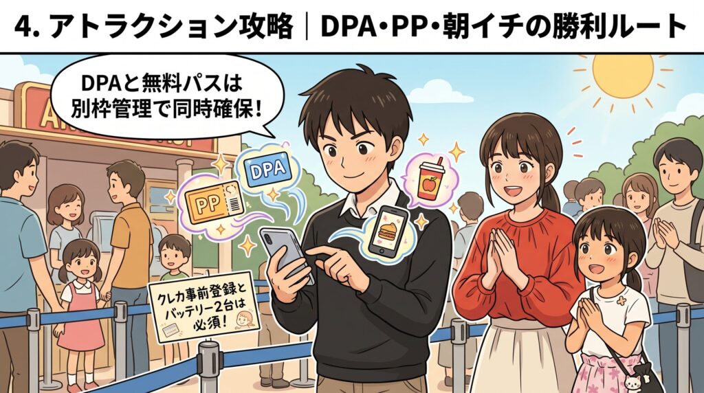 パーク内でスマホを操作し、DPAやPP、モバイルオーダーの戦略を立てる父親と、喜ぶ母親と娘のイラスト