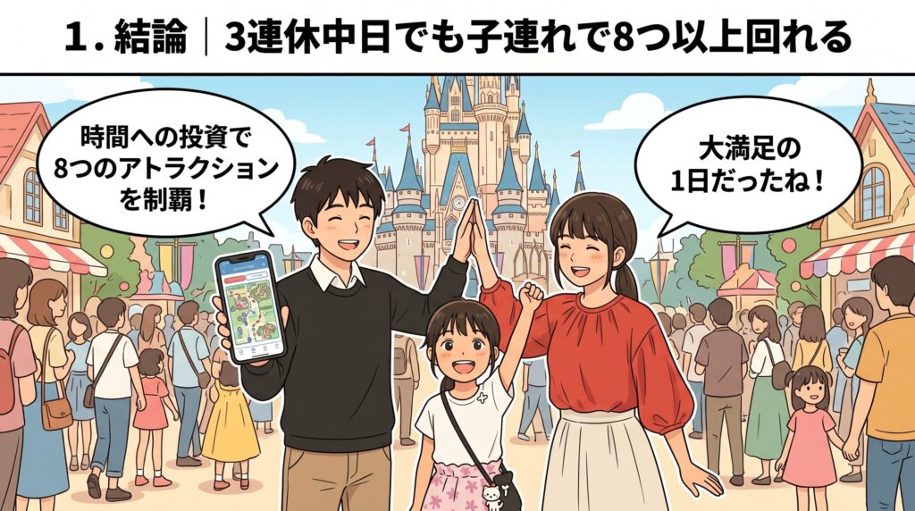 3連休中日のディズニーランド前で、スマホ画面を見せる父親とハイタッチをして喜ぶ母親と娘のイラスト