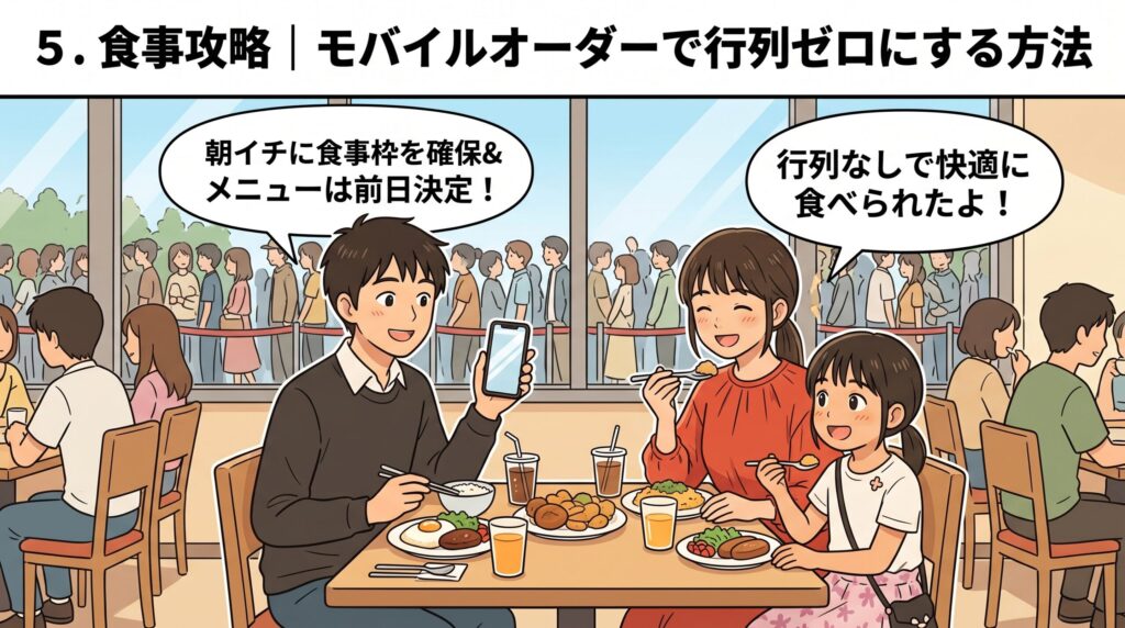 モバイルオーダーを活用して、行列を避けてレストランで快適に食事を楽しむ家族のイラスト