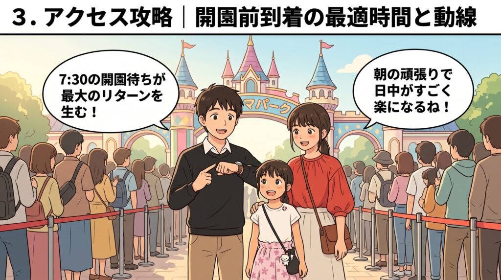 朝7:30の開園待ちの列に並び、腕時計を指さして話す父親と、笑顔の母親と娘のイラスト