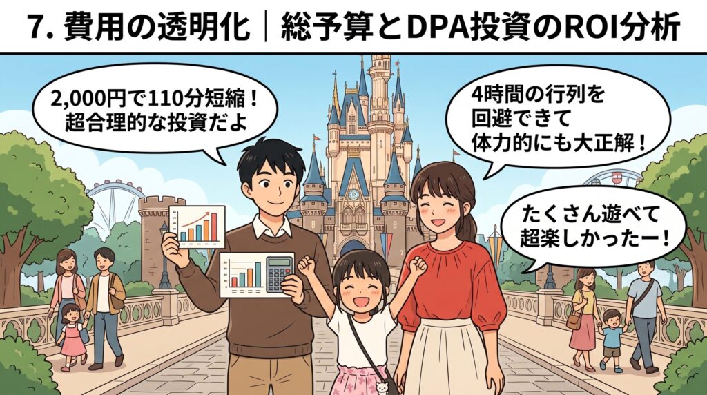 シンデレラ城をバックに、グラフや計算機を持ちながらDPA投資のROI(費用対効果)を語る父親と家族のイラスト