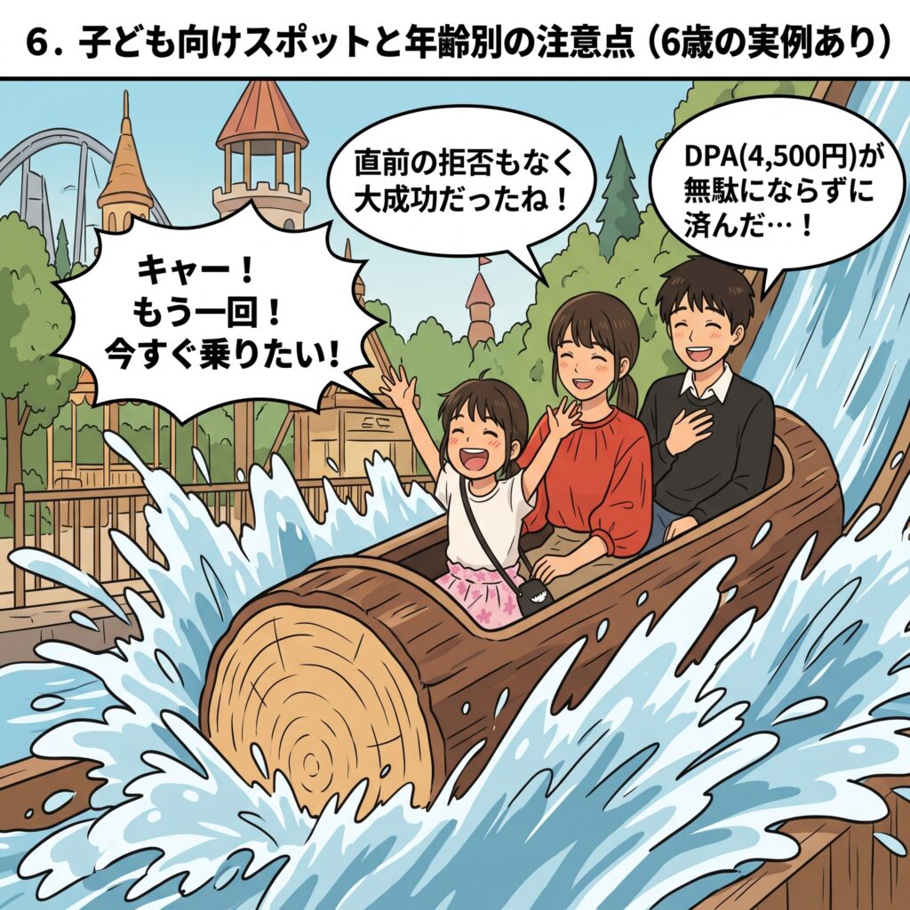 スプラッシュ・マウンテンの丸太ボートで急降下を楽しみ、笑顔ではしゃぐ娘と家族のイラスト