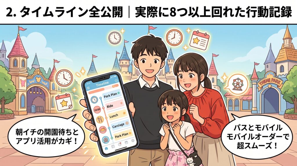 タイムラインアプリの画面を手にする父親と、それを見守る母親と娘、背景にシンデレラ城が描かれたイラスト