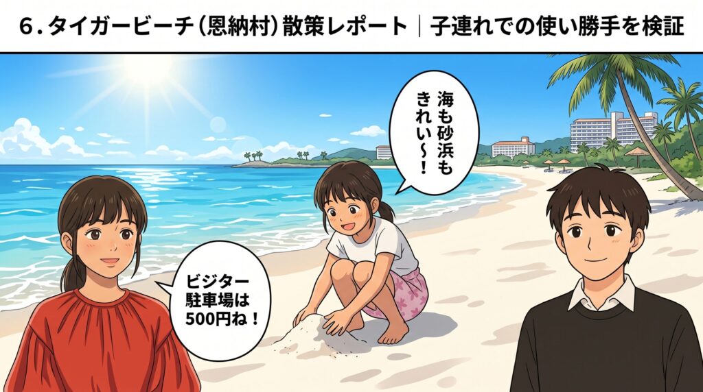 恩納村タイガービーチのきれいな砂浜で遊ぶ家族のイラストアイキャッチ。「子連れでの使い勝手を検証」のテキスト入り。