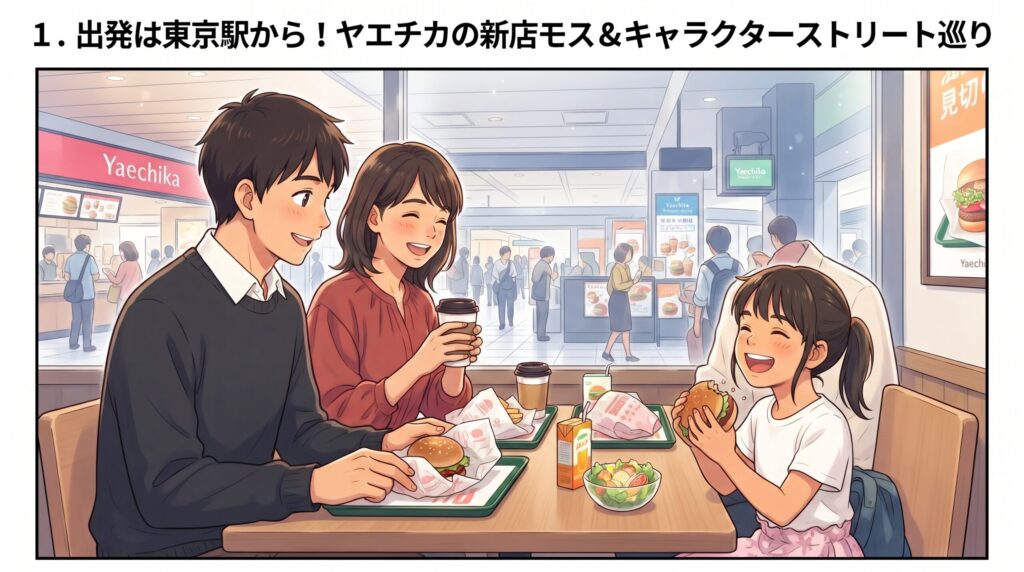 東京駅のヤエチカにオープンしたモスバーガーで、新幹線乗車前に家族で朝食を楽しんでいる様子のイラスト