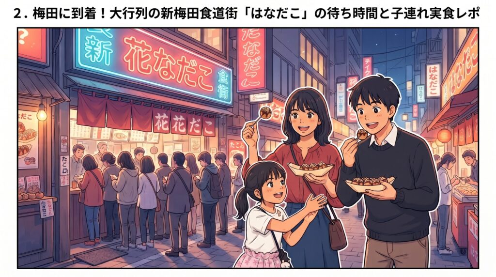 大阪・新梅田食道街の大行列の人気たこ焼き店「はなだこ」の前で、テイクアウトしたたこ焼きを家族で美味しく食べている様子のイラスト
