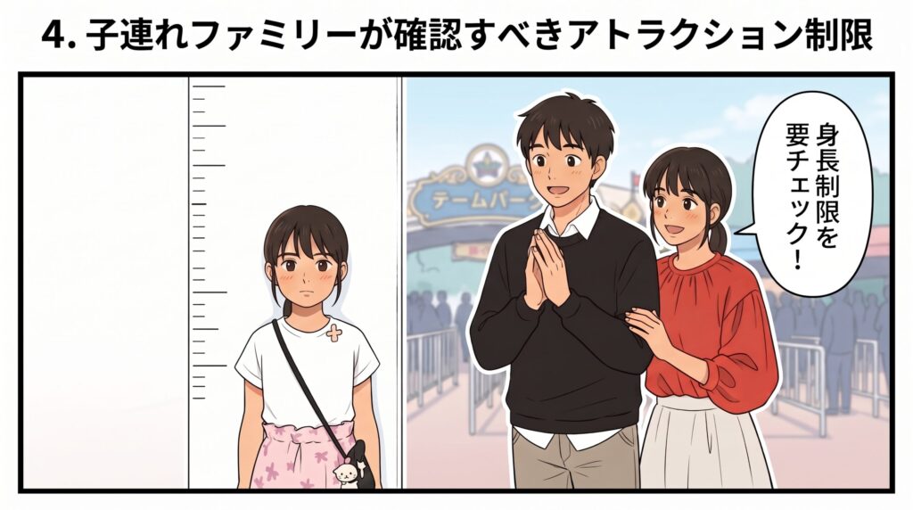 パークの入り口で、子連れファミリーがアトラクション利用に必要な身長制限の測定ボードを確認しているイラスト
