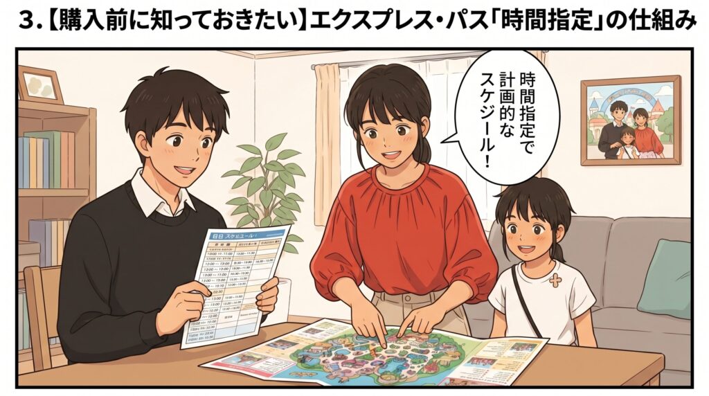 エクスプレス・パスの時間指定や計画的なスケジュールについて、パークのパンフレットを見ながら家族で話し合っているイラスト