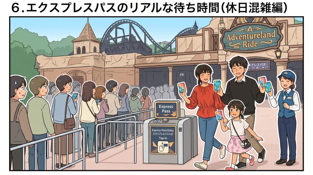長蛇の一般列の横を、エクスプレス・パスを使ってスムーズかつスピーディーに優先入場していく家族のイラスト