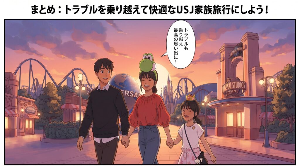 トラブルやハプニングをすべて乗り越え、夕暮れのUSJパーク内でカチューシャを着けて笑顔で手をつなぎながら歩く家族のイラスト