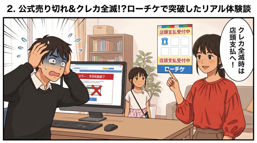 パソコンのクレジット決済エラーに頭を抱える父親と、「クレカ全滅時は店頭支払いへ!」とローソンでのローチケ活用術を指差して教える母親のイラスト