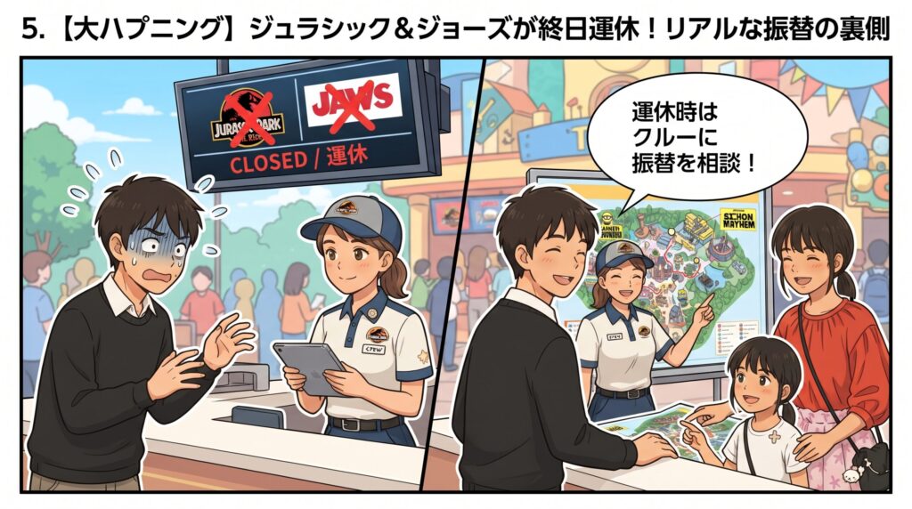 ジュラシック・パークとジョーズの終日運休の掲示板を見て青ざめる父親と、クルーに別の対象アトラクションへの振替を相談している家族のイラスト