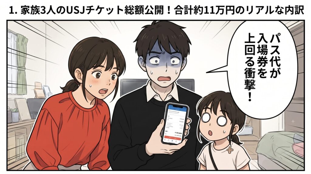 パソコン画面に表示された高額なチケット総額の明細を見せられ、青ざめてショックを受けている父親と、驚く母親と娘のイラスト