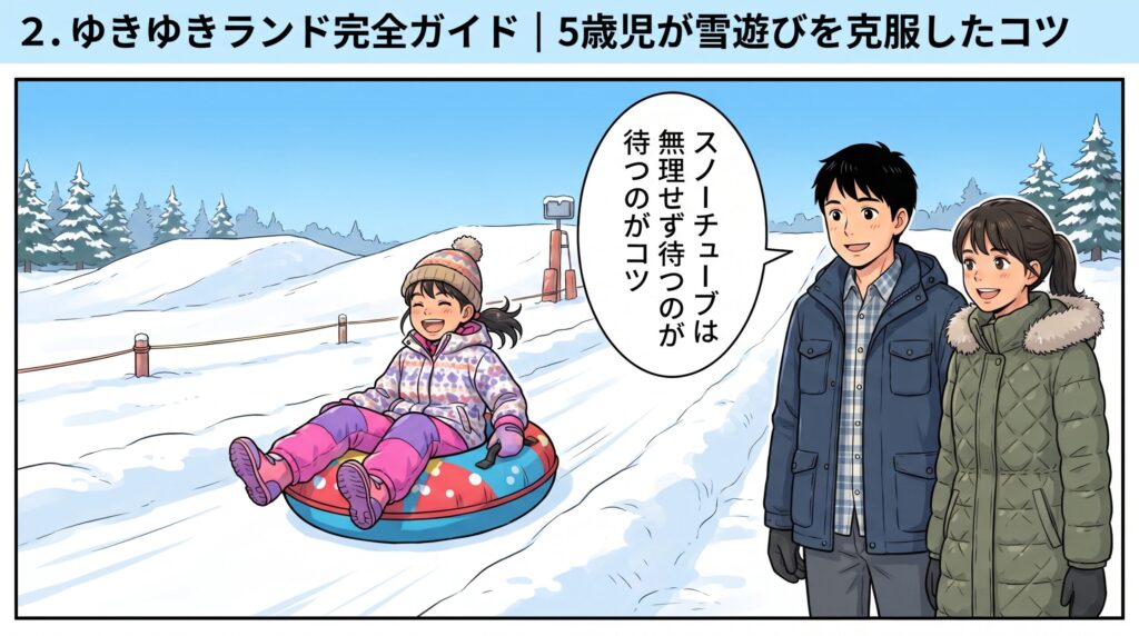 中里スノーウッドスキー場の「ゆきゆきランド」でスノーチューブを楽しむ5歳の娘と見守る両親