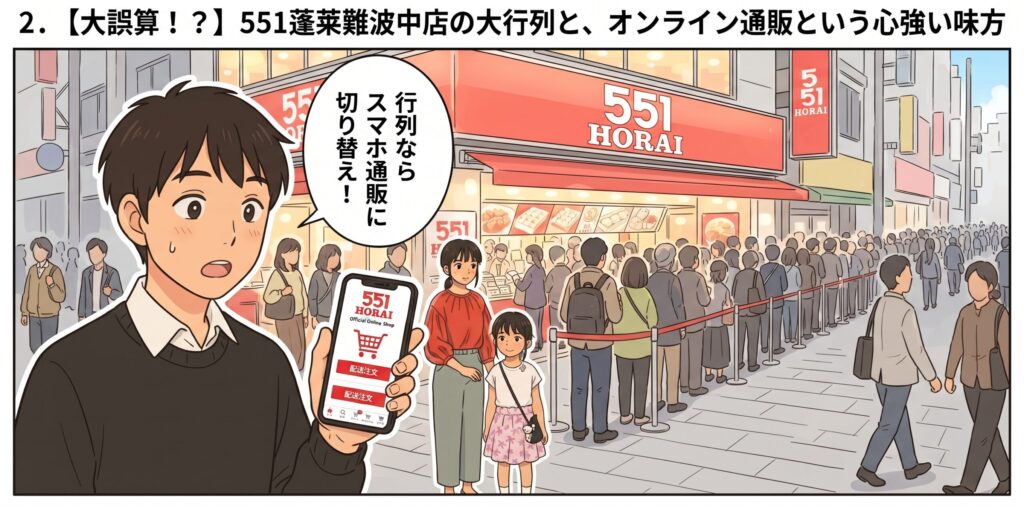 551蓬莱難波中店の長蛇の列に驚き、スマホの公式オンライン通販での注文に切り替えるお父さんと家族