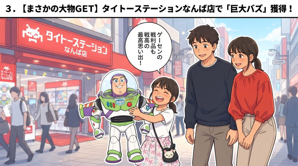 タイトーステーションなんば店でクレーンゲームの戦利品である巨大なバズ・ライトイヤーのぬいぐるみを受け取り喜ぶ女の子